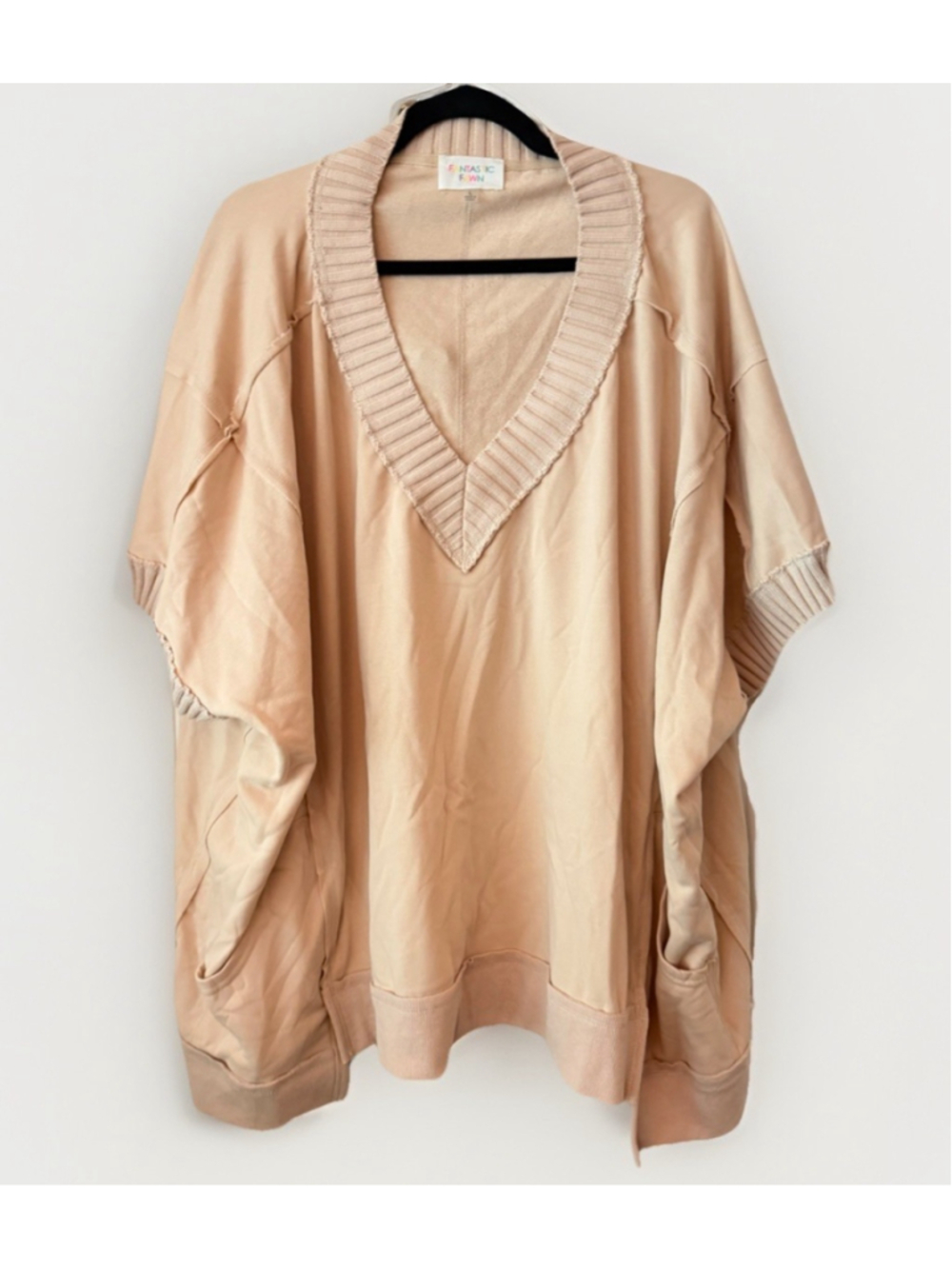 Fantastic Fawn Oversized Tunic Top Large Beige V Neck Short Sleeve